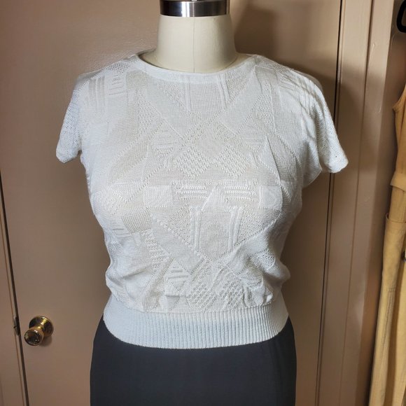 Vintage West German Knit Sweater Top - Waist Length - White  - Cap Sleeves - Picture 7 of 14
